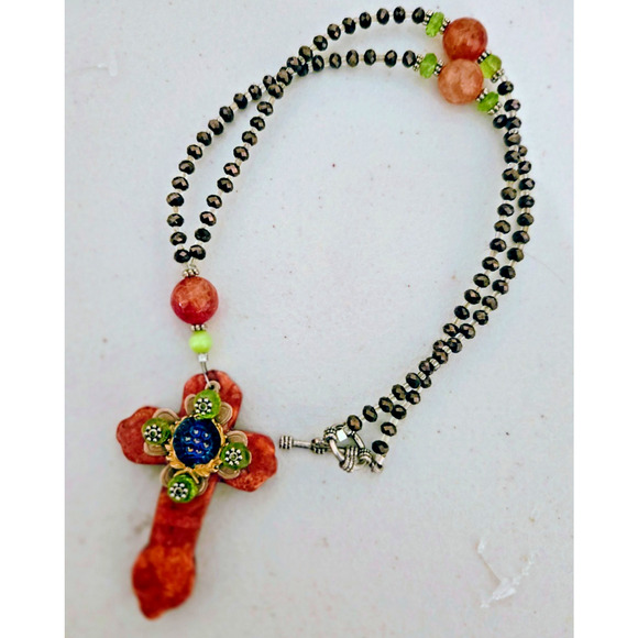 Handmade gemstone cross with Czech glass necklace Boho - Picture 6 of 7